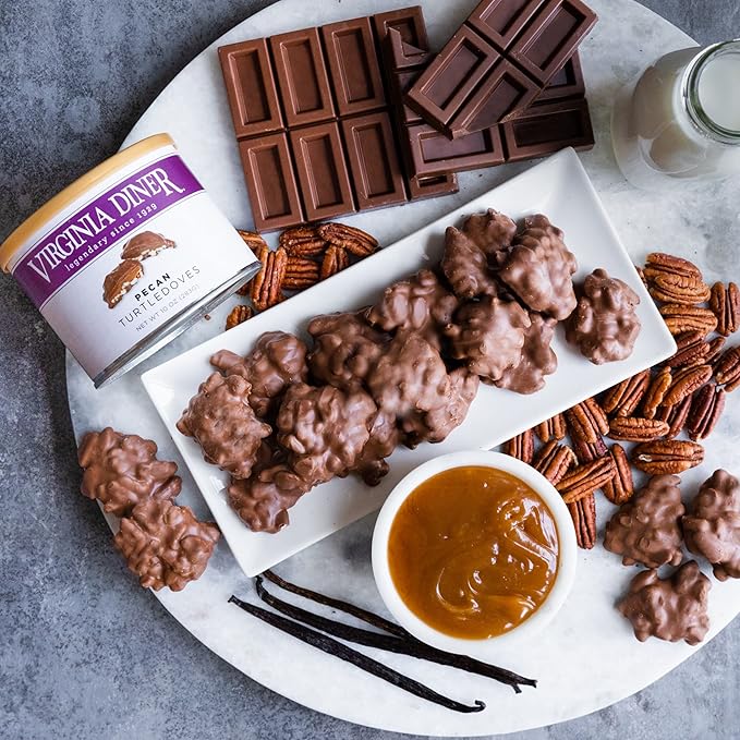 Virginia Diner Chocolatey Pecan Turtledoves Candy Clusters with Caramel - Preservative Free Gifts from Virginia Since 1929-18 Oz Can -Dovetails