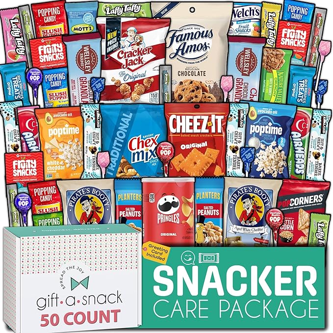 Gift A Snack - Valentines Day Snack Box Variety Pack Care Package + Greeting Card (50 Count) Birthday Sweet Treats Gift Basket, Candies Chips Crackers Bars Office Food Assortments & Variety Gifts