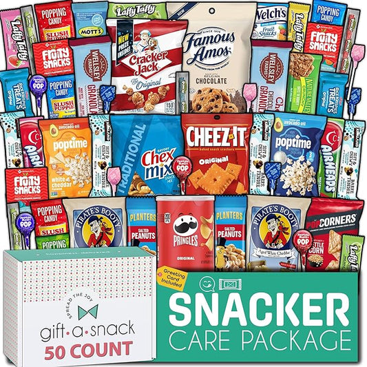 Gift A Snack - Valentines Day Snack Box Variety Pack Care Package + Greeting Card (50 Count) Birthday Sweet Treats Gift Basket, Candies Chips Crackers Bars Office Food Assortments & Variety Gifts