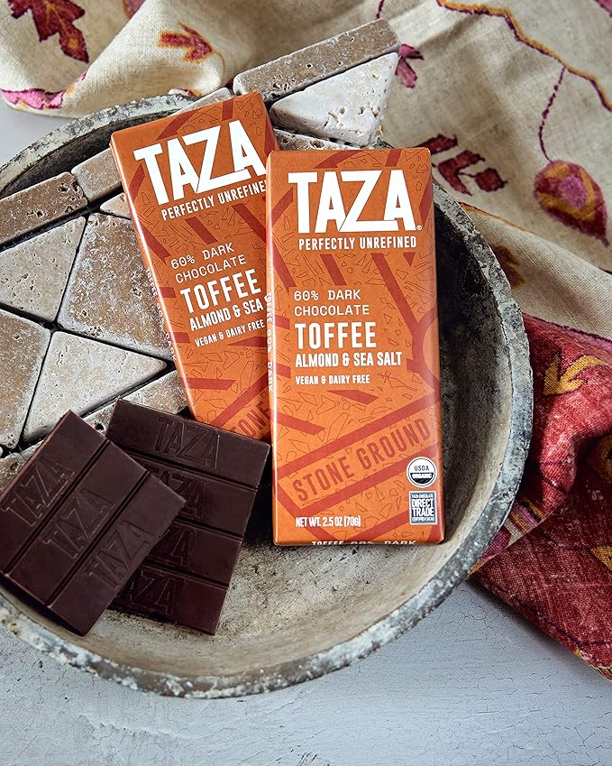Taza Chocolate Organic Amaze Bar 60% Stone Ground, Toffee Almond Sea Salt, 2.5 Ounce (10 Count), Vegan