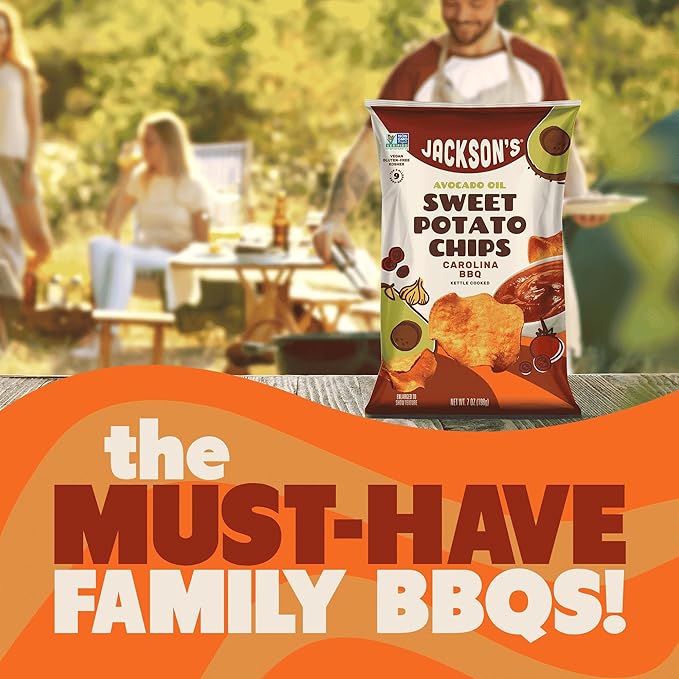 Jackson’s Sweet Potato Kettle Chips Avocado Oil Variety Pack made with Premium Oils (7oz, Pack of 6) Sea Salt, Ranch and BBQ Flavors - Allergen-friendly, Gluten Free, Vegan