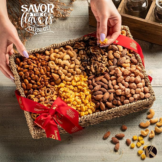 KREMERY Gourmet Nut Gift Basket - Valentines Day Mixed Nuts Gift Basket in Seagrass Tray with Ribbon (8 Assortments) Treats for Adults, Food Arrangement, Healthy Snack Care Package, Kosher