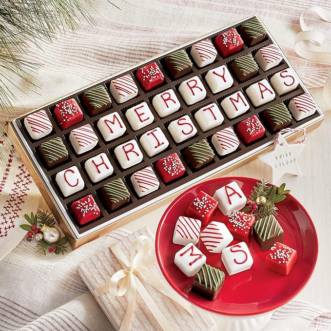 3 Holiday Gift Boxes - The Swiss Colony Merry Christmas Petits Fours Triple Gift Bundle - Gourmet Mini Layer Cakes, Red Velvet, Strawberry, Double Chocolate, and Vanilla Treats, Includes 3 Gift Boxes