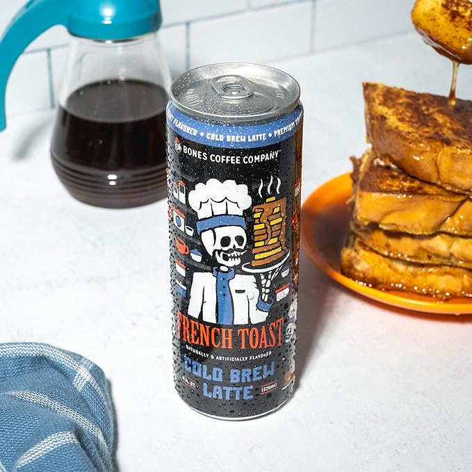 Bones Coffee Company French Toast Latte Sweet and Buttery Flavored Coffee, Medium Roast Ready To Drink Iced Coffee in Can, 11 Fl Oz Can (12 Pack)