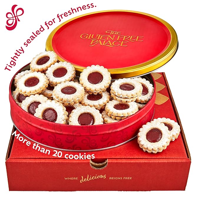 Gluten Free Palace Valentine’s Day Cookie Gift Basket – Gourmet Gluten Free Cookies – Fresh Shortbread Linzer Tart Cookies in Red Tin – Valentine Gift for Her, Him, Friends & Family (21 Cookies)