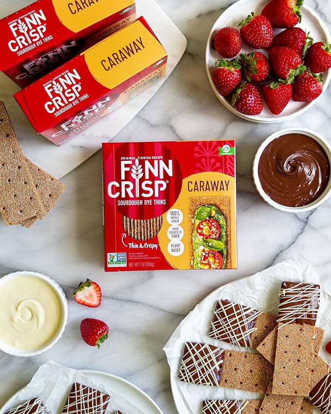 Finn Crisps Rye Crispbread with Caraway 7oz, 18 Pack Bulk Order | Thin, Crispy Rye Flatbreads| Authentic Finnish Sourdough | Caraway Crackers by Finn Crisp [18 Boxes x 7oz]