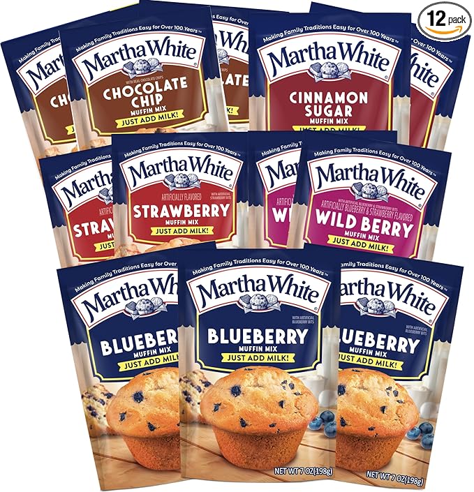 Martha White Muffin Mix Sampler Variety Pack, Pack of 12, Chocolate Chip, Blueberry, Strawberry, Cinnamon Sugar, Wildberry, Just Add Milk
