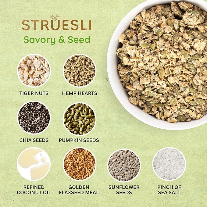 Struesli Savory + Seed Organic Granola, Nut, Grain & Gluten Free, Healthy Snacks with Pumpkin, Sunflower & Chia Seeds, Hemp Hearts, Flax, Tiger Nuts & Sea Salt, Plant Based, Keto & Paleo, 9 Oz, 2 Pack