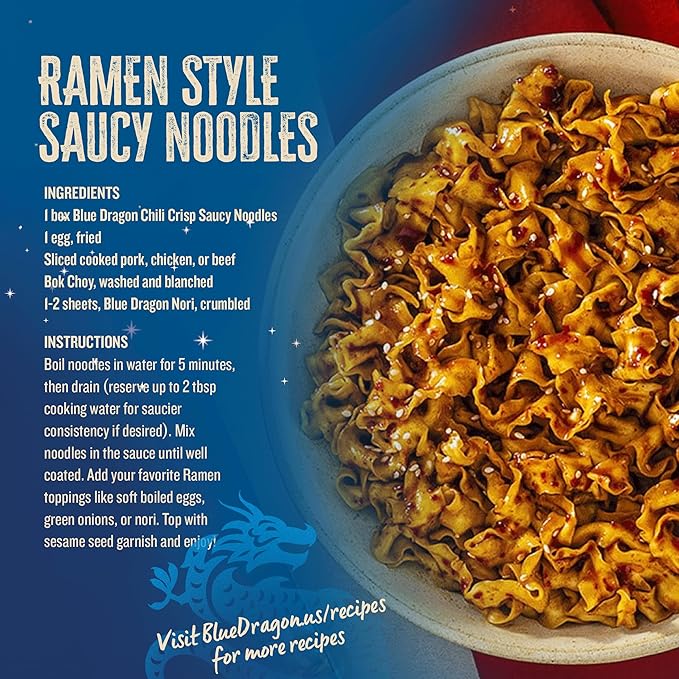 Blue Dragon Chili Crisp Saucy Noodles 4.2 oz (Pack of 6) – Knife-Cut Noodles with Crispy Chili Sauce – Air-Dried, Never Fried – Vegetarian Friendly