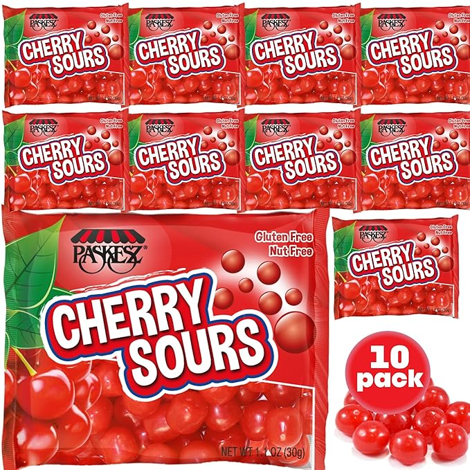 DOUzzle Valentines Day Sweet Treats, Cherry Sours Red Candy Balls, Original Chewy Candies, Mini Packs (10 Count) Individually Wrapped, Party Favor, Goodie Bag & Pinata Filler - Kosher