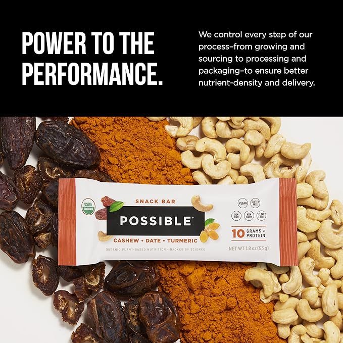 POSSIBLE Snack Bar - Organic Energy Bars with 10g of Plant-Based Protein - Vegan, Gluten-Free, Non-Dairy, USDA Organic - Healthy Fats - Clean Label - 1 Box, 12 Servings - Cashew Date Turmeric