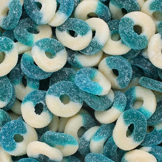 Blue Raspberry Flavored Gummy Rings -Fresh, Soft, and Chewy Sugar Dusted Gourmet Candy Ring Blue Gummies (1 Pound)