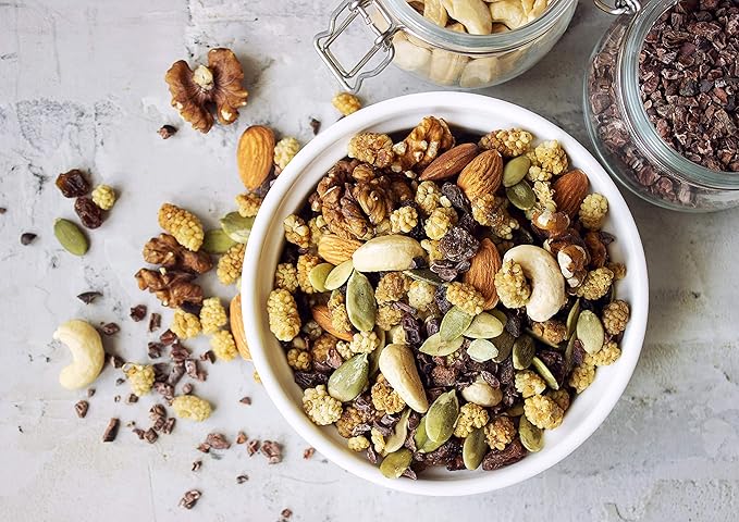 Food to Live Organic Snack Wise Trail Mix, 8 Ounces — Raw and Non-GMO Contains Cacao Nibs, Raisins, Almonds, Cashews, Walnuts, Mulberries, Pumpkin Seeds. Vegan Superfood, Kosher, No Added Sugar, Bulk