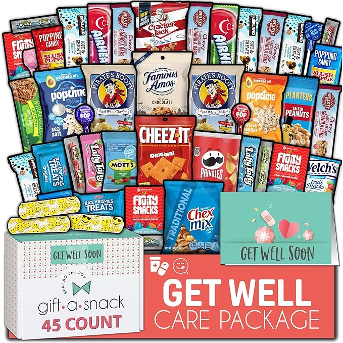 Gift A Snack - Get Well Soon Snack Box Variety Pack Care Package + Greeting Card (45 Count) Feel Better Sweet Treats Gift Basket, Candies Chips Crackers Bars - Office Food Assortments