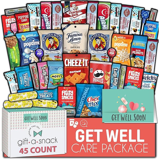 Gift A Snack - Get Well Soon Snack Box Variety Pack Care Package + Greeting Card (45 Count) Feel Better Sweet Treats Gift Basket, Candies Chips Crackers Bars - Office Food Assortments