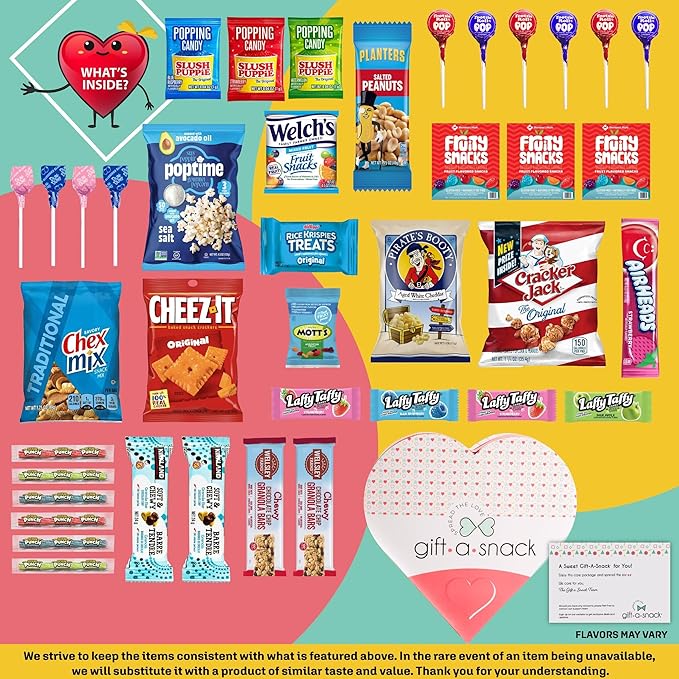 Gift A Snack - Valentines Day Heart Shape Snack Box Variety Pack Care Package + Greeting Card (40 Count) Birthday Sweet Treats Gift Basket, Candies Chips - Office Food Assortments