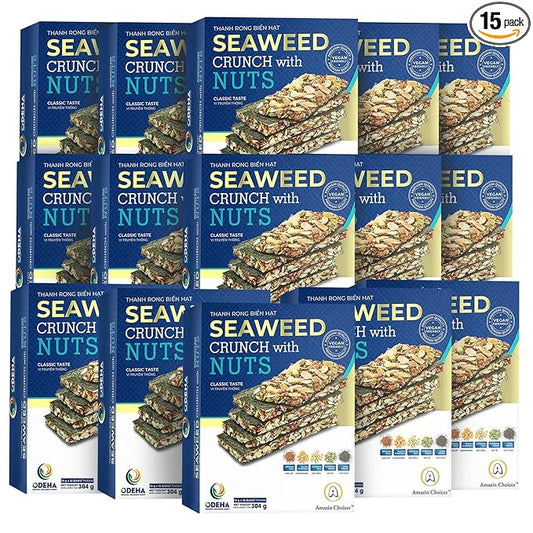 Seaweed Crunch with Nuts Classic Taste– Amazin Choices Vegan Snack Bars with Cashews, Almonds & Pumpkin Seeds – Premium Asian Chips – Seaweed Sheets – Sandwich Seaweed – Variety Pack (Pack of 15)