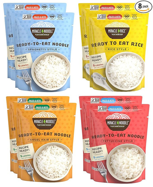 Miracle Noodle Ready to Eat Variety Pack, 7 Oz (Pack of 8), Angel Hair, Fettuccine, Spaghetti & Rice, Plant Based Shirataki Konjac Noodles, 5 Calories, Low Carb, Keto, Gluten-Free