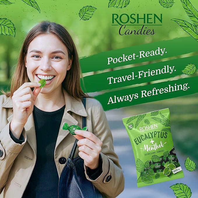 Roshen Eucalyptus-Menthol Hard Candy – Refreshing Mint & Eucalyptus Flavor, Individually Wrapped, Bulk 2.2 lbs (1 kg) Kosher, Halal, Soothing, Cooling Candy (Pack of 2)