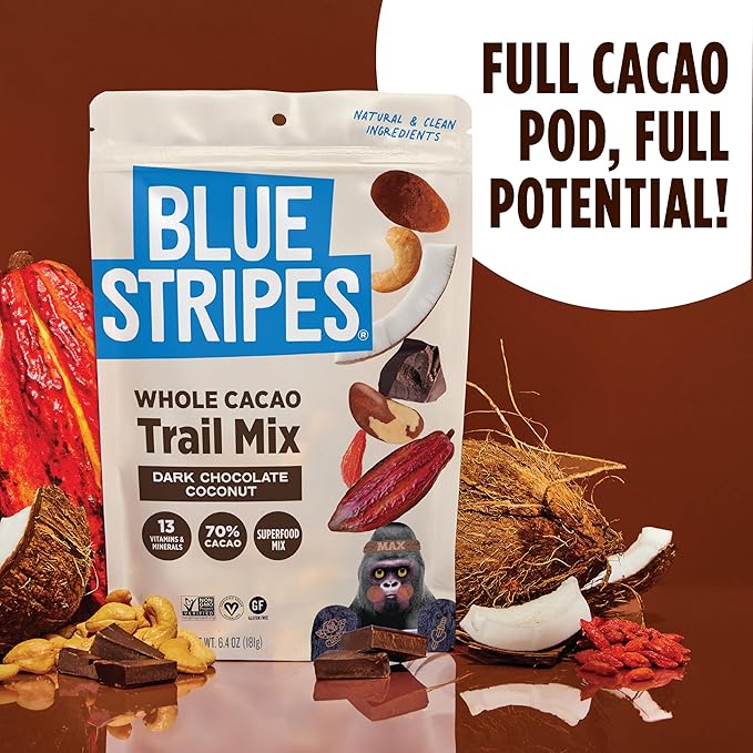 Blue Stripes - Trail Mix, Dark Chocolate Coconut, Mixed Nuts, Healthy Snacks for Adults, Cashews, Whole 70% Cacao, With Unrefined Sugar, Non GMO, Gluten Free, Vegan - 4 Pack, 8 oz