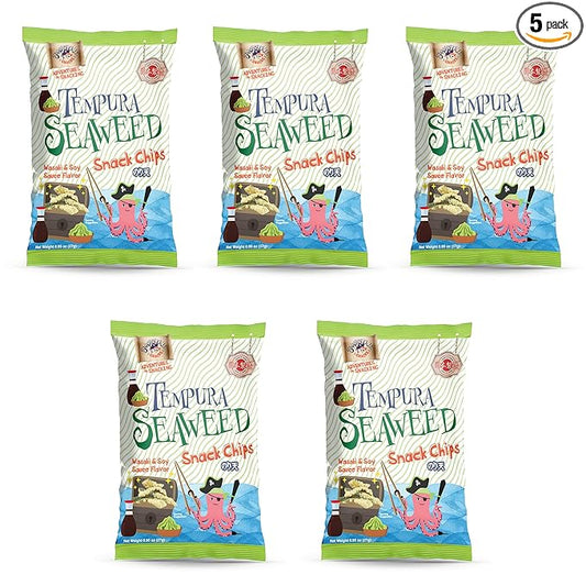 Japanese Tempura Seaweed Chips, Noriten – Wasabi & Soy Sauce Flavor | 0.95oz x 5 Pack | Made in Japan by Swashbuckle Snacks