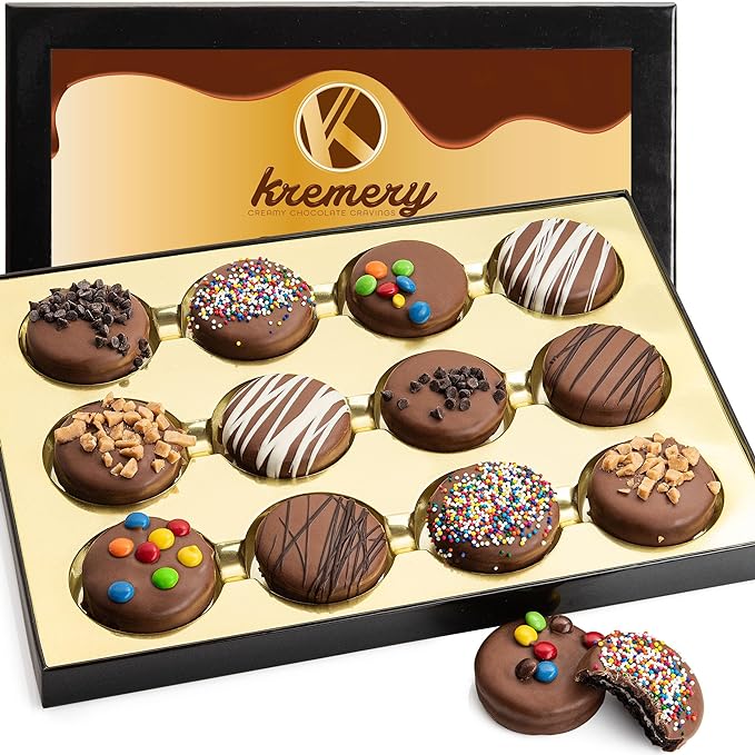 KREMERY Creamy Chocolate Cravings - Valentines Day Chocolate Covered Sandwich Cookies & Cream Gift Basket, in Sectional Gift Box (12 Cookies, Assorted Sweet Toppings) Sweet Treats, Kosher