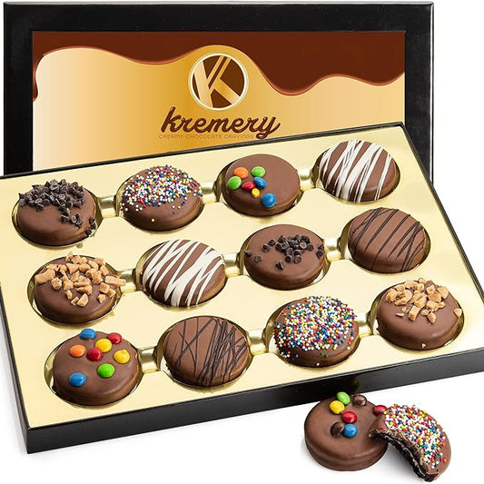KREMERY Creamy Chocolate Cravings - Valentines Day Chocolate Covered Sandwich Cookies & Cream Gift Basket, in Sectional Gift Box (12 Cookies, Assorted Sweet Toppings) Sweet Treats, Kosher
