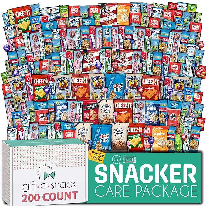 Gift A Snack - Valentines Day Snack Box Care Package Variety Pack + Greeting Card (200 Count) Birthday Sweet Treats Gift Basket Candies Chips Crackers Bars Office Food Assortments & Variety Gifts