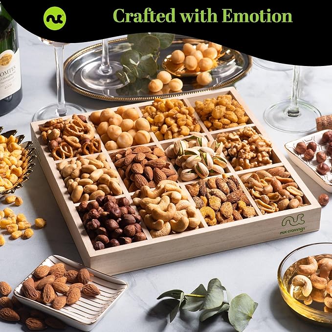 NUT CRAVINGS - Valentines Day Mixed Nuts Gift Basket in Reusable Wooden Tray + Heart Ribbon (12 Assortments) Treats for Adults, Food Arrangement, Healthy Snack Care Package, Kosher