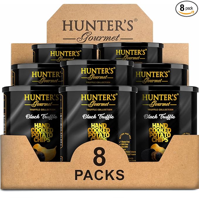 Hunter's Gourmet Truffle Chips | Cholesterol & Dairy Free | Black Truffle | Made in a Nut-Free Facility | No Artificial Colors | No Preservatives | Hand-Cooked | Gluten-Free Snacks | Pack of 8 | 40g