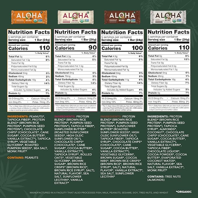 ALOHA Organic Plant Based Protein Bar MINIS | VARIETY PACK | GLP-1 Friendly, 20 Count, 24g Bars | Vegan, Low Sugar, Gluten Free, Low Carb, Non-GMO, No Stevia, No Soy, No Sugar Alcohols