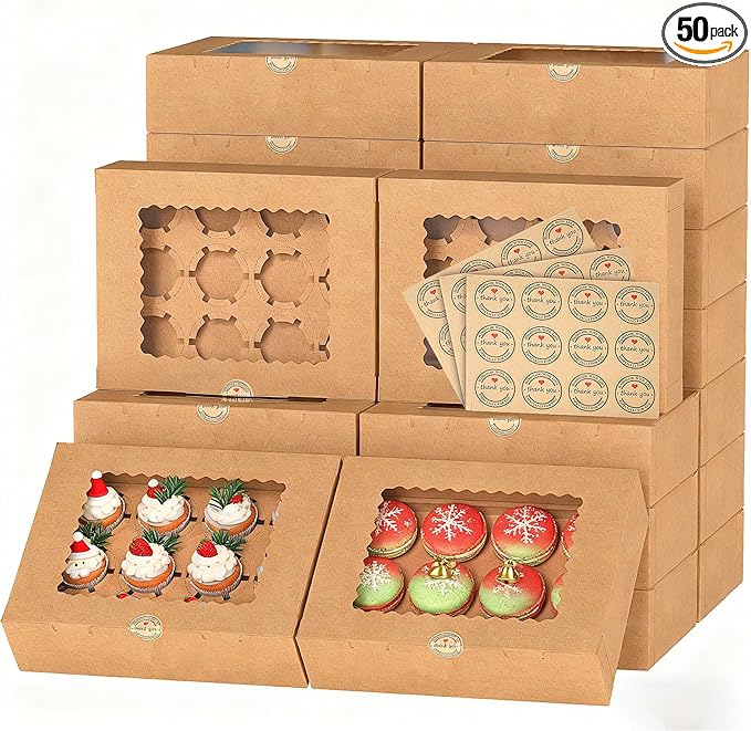 EffiQ-Rate 50 PCS Cupcake Boxes, 12-Count Cupcake Containers with Window, Brown Pastry Boxes with Inner Tray & 50 Stickers for Dessert, Party, Birthday, Holiday (12.8x9.84x3.54 Inch)