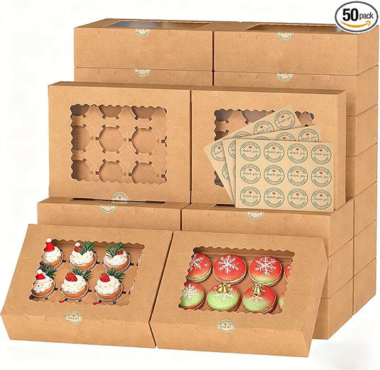 EffiQ-Rate 50 PCS Cupcake Boxes, 12-Count Cupcake Containers with Window, Brown Pastry Boxes with Inner Tray & 50 Stickers for Dessert, Party, Birthday, Holiday (12.8x9.84x3.54 Inch)