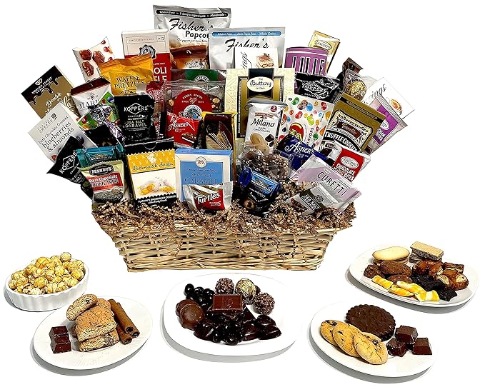 Hand-Crafted 43 Piece customizable chocolate gift basket of gourmet chocolates, cookies, and crunches. Tasty treats selected for businesses, clients, employees, birthdays, thank you and more!