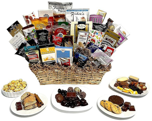 Hand-Crafted 43 Piece customizable chocolate gift basket of gourmet chocolates, cookies, and crunches. Tasty treats selected for businesses, clients, employees, birthdays, thank you and more!