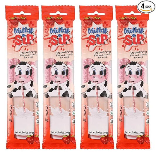 20 Milky Sip Strawberry Flavored Straws For Milk - 4 Packs of Milk Flavoring Straws, 5 Straws in Each. Magical Strawberry Flavor Makes Children Eager, Want and Love to Drink Milk