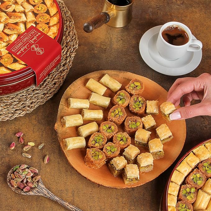 Zalatimo Sweets Middle Eastern Baklava Assortment with Pistachio, Walnut & Cashew, 2.2 lb Tin