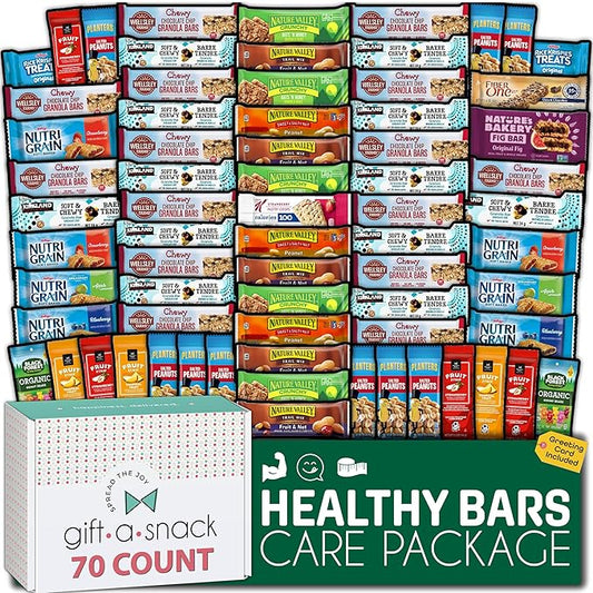 Gift A Snack - Healthy Granola Breakfast Bars, Snack Box Care Package + Greeting Card (70 Count) Birthday Treats Gift Basket Nutritious Chips Office Food Assortments & Variety Gifts