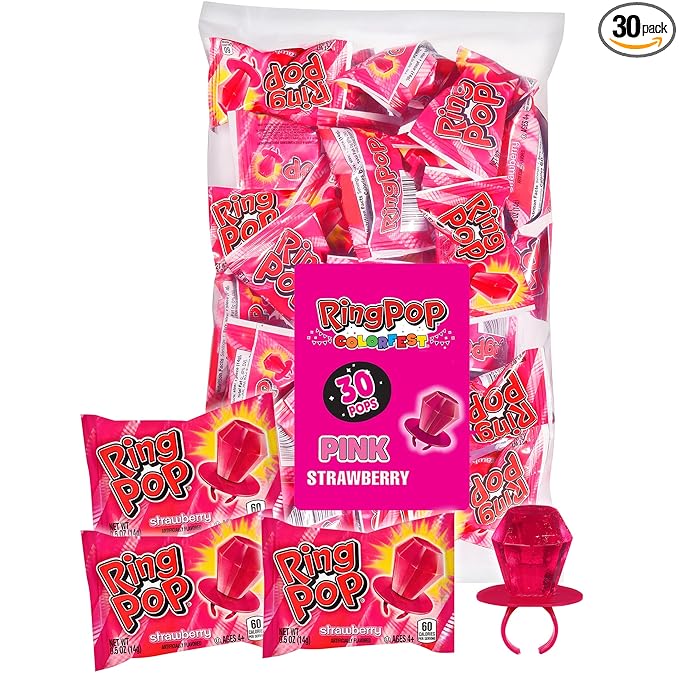 Ring Pop Pink Valentine's Candy, Individually Wrapped Pink Lollipops, Strawberry 30 Ct Bulk Suckers for Kids, Fun Candy for Gender Reveals, Valentine's Gifts, Goodie Bags, Party Favors