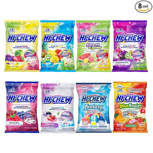 HI-CHEW Variety Mix, Pack of 8 Bags - 22 Flavors Including Yogurt Mix - Unique Fun Soft & Chewy Candy - Immensely Juicy Fruity Candy Flavors - Individually Wrapped for Sharing