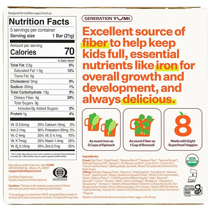 Yumi Organic Toddler Snacks Bars - Gluten-Free, No Added Sugar, 7+ Vegetables, Soft-Baked Crust Yumi Bars, Healthy Toddler Organic Snacks - School Safe and for Lunch Boxes, Apple Cinnamon & Squash (30ct.)