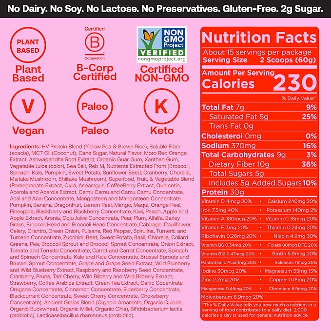 Happy Viking Strawberry Protein + Superfoods Powder, Created by Venus Williams, 30G Protein, Low Carb, Keto, Vegan, Gluten-Free, Non-GMO, Complete Meal Replacement, 1 Bag
