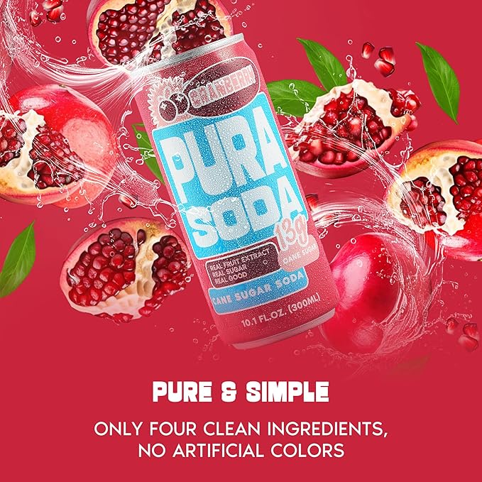 PuraSoda® Cranberry | Low-Calorie, Cane Sugar Soda Beverage | Non-GMO, Vegan | Made with Pure Cane Sugar, Clean & Refreshing | 10.1 fl oz (300ml) Cans, Pack of 24