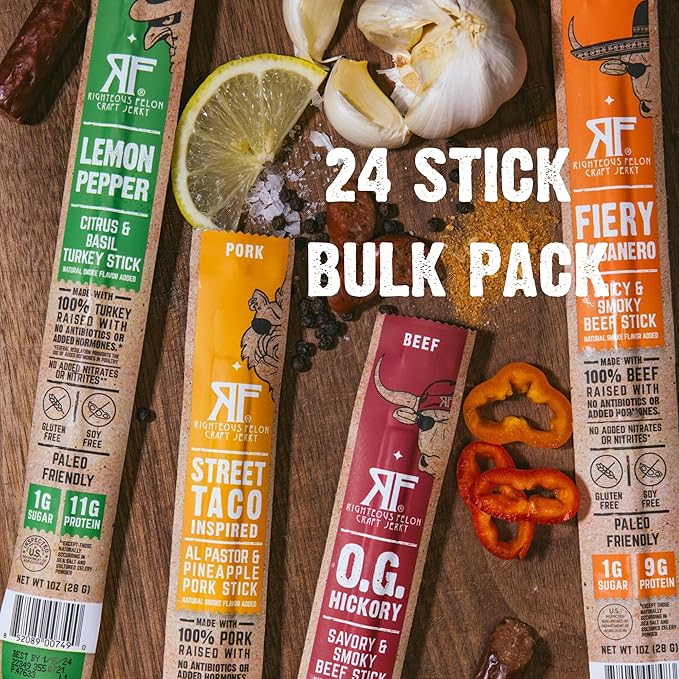 Righteous Felon Variety Meat Sticks | 100% Grass Fed Beef, Turkey, Pork | Keto, Gluten-Free, Low Sugar, High Protein Healthy Snacks | Valentines Day Gifts for Men | Jerky Variety Pack, 24 Count