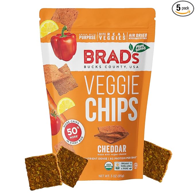 Brad’s Plant-Based - Organic Veggie Cheddar Chips - Delicious Healthy Snacks - High Protein & High Fiber Snacks - Low Carb - Organic Veggie On-the-Go Cheddar Chips - 3 Oz (Pack of 5)