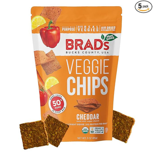 Brad’s Plant-Based - Organic Veggie Cheddar Chips - Delicious Healthy Snacks - High Protein & High Fiber Snacks - Low Carb - Organic Veggie On-the-Go Cheddar Chips - 3 Oz (Pack of 5)