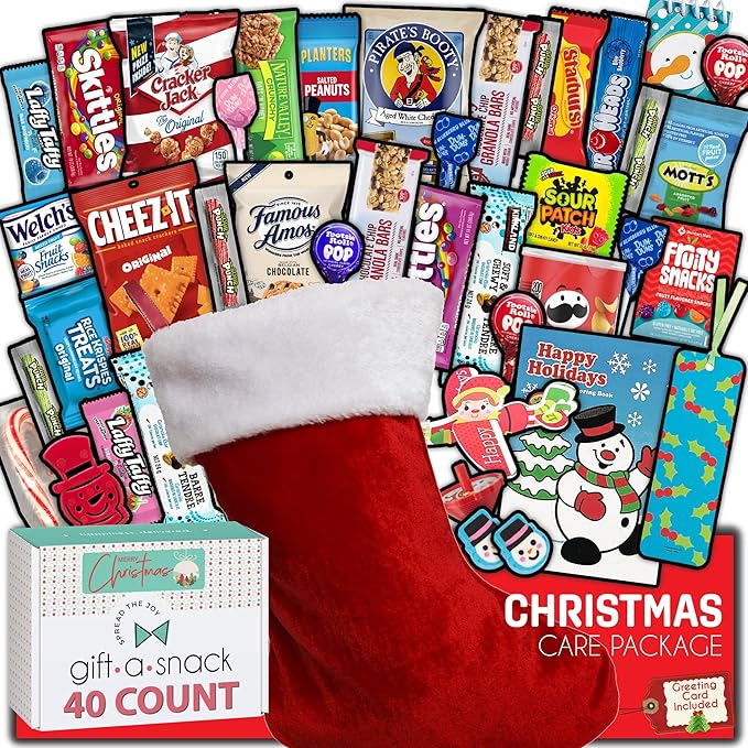 Gift A Snack - Christmas Stocking Stuffed, Pre-filled Holiday Snack Box Care Package + Greeting Card (40 Count) Sweet Treats Gift Basket, Candies Chips Office Food Assortments