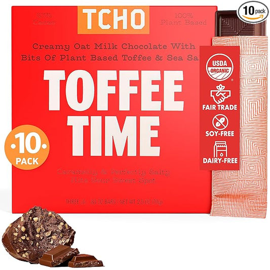 TCHO Toffee Time 53% Oat Milk Chocolate Bars (10 pack) | Plant Based, Organic & Fair Trade, | Non GMO, Non-Dairy, Vegan Chocolate, Soy Free (2.5oz each)