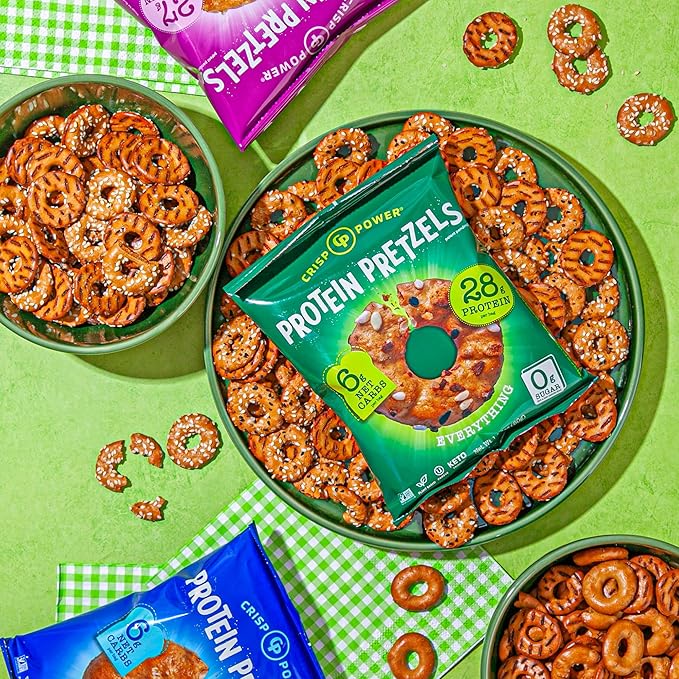 CRISP POWER High Protein Pretzels, Variety Pack With Sea Salt, Sesame, & Everything, 28g Plant-Based Protein Per Bag, Low Carb, Crunchy, No Added Sugar, Keto-Friendly Vegan Snack, 1.75 oz, 6 Pack