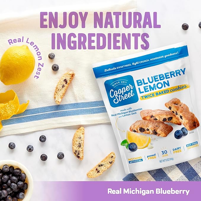 Cooper Street Cookies Twice Baked Italian Biscotti Cookies - Lemon Blueberry, Orange Cranberry, Cherry, Cinnamon Chocolate Chip Crispy Italian Biscotti Cookies - Variety Pack - 18Oz - Pack of 4